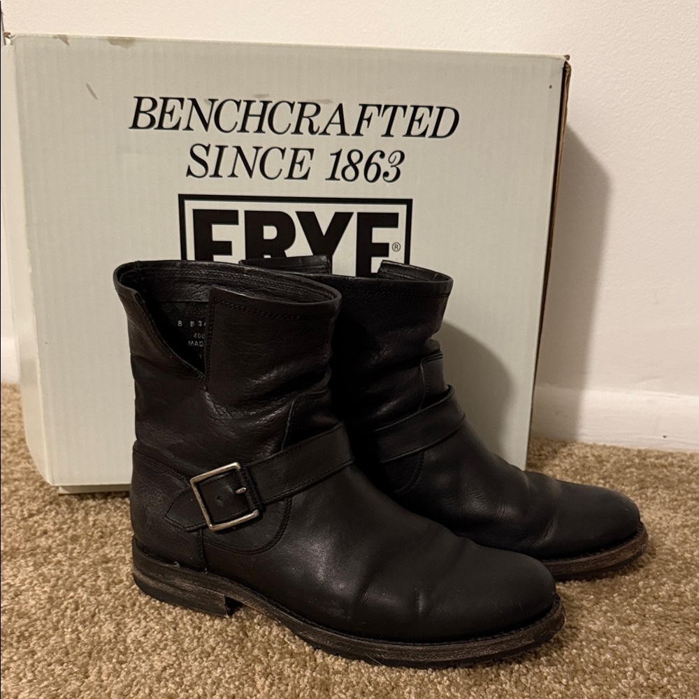 Frye Dark Leather Ankle Boots with Buckle